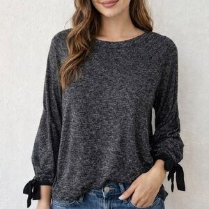 Elegant Heather Gray Long Sleeve Top with Bow Accents
